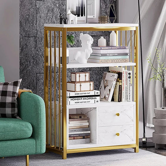 Modern Small Metal Etagere Bookshelf with 2 Drawers in White & Gold