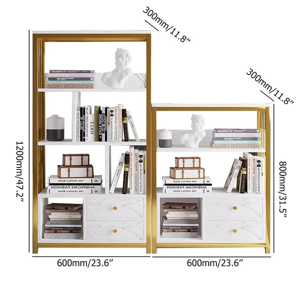 Modern Small Metal Etagere Bookshelf with 2 Drawers in White & Gold