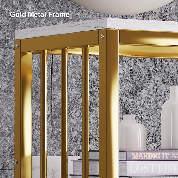 Modern Small Metal Etagere Bookshelf with 2 Drawers in White & Gold