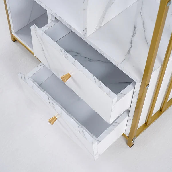 Modern Small Metal Etagere Bookshelf with 2 Drawers in White & Gold