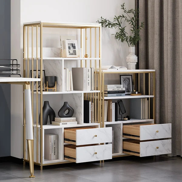 Modern Small Metal Etagere Bookshelf with 2 Drawers in White & Gold