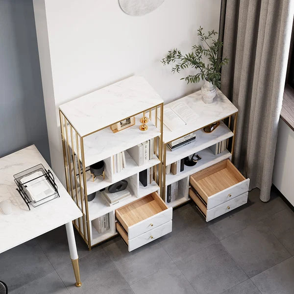 Modern Small Metal Etagere Bookshelf with 2 Drawers in White & Gold