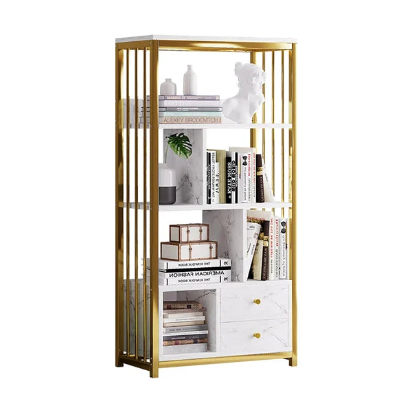 Modern Small Metal Etagere Bookshelf with 2 Drawers in White & Gold