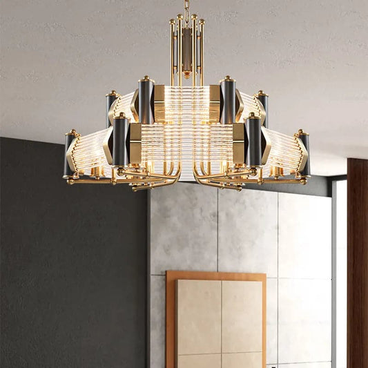 Modern Tiered Chandelier Ceiling Light with Adjustable Height in Black & Gold