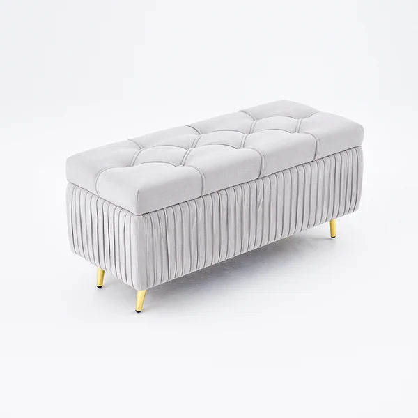 Modern Velvet Storage Bench Flip Top in Gray with Gold Legs