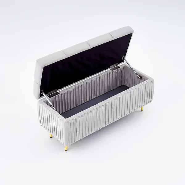 Modern Velvet Storage Bench Flip Top in Gray with Gold Legs