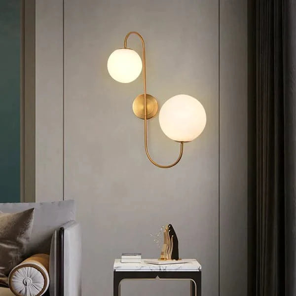 Modern Wall Sconce White Globe Glass Shade 2-Light Wall Lamp in Aged Brass