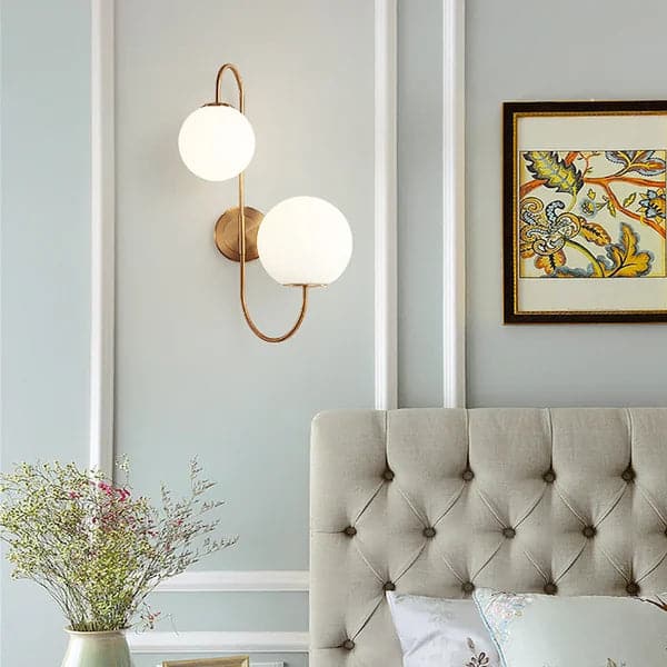 Modern Wall Sconce White Globe Glass Shade 2-Light Wall Lamp in Aged Brass