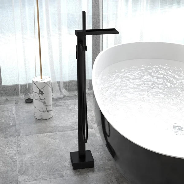 Modern Waterfall Bathroom Tub Faucet with Handheld Spray Solid Brass Matte Black