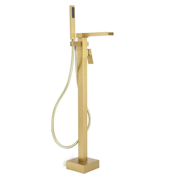 Modern Waterfall Bathroom Tub Filler Faucet with Handheld Spray Solid Brass Brushed Gold