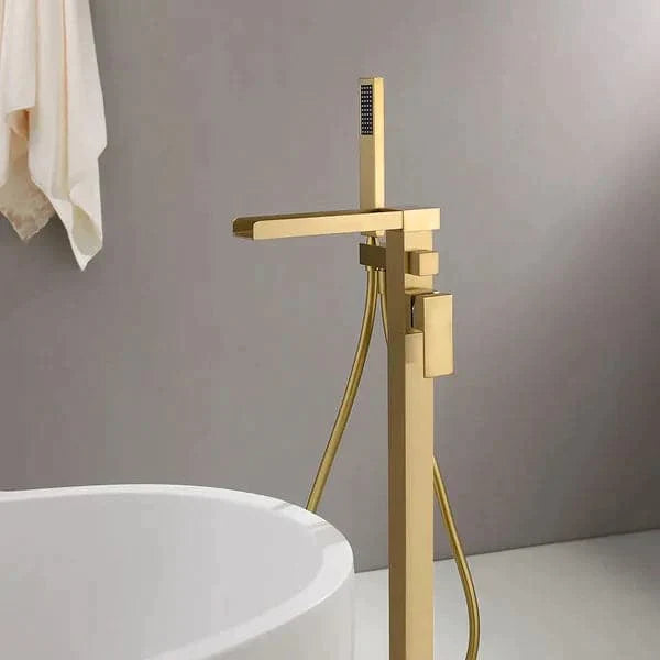 Modern Waterfall Bathroom Tub Filler Faucet with Handheld Spray Solid Brass Brushed Gold