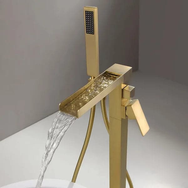 Modern Waterfall Bathroom Tub Filler Faucet with Handheld Spray Solid Brass Brushed Gold