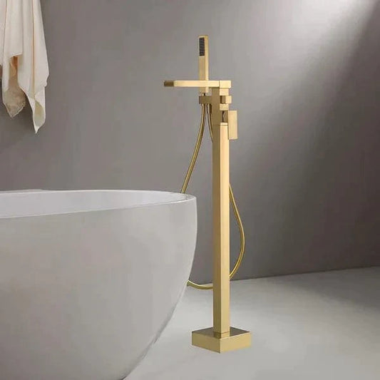 Modern Waterfall Bathroom Tub Filler Faucet with Handheld Spray Solid Brass Brushed Gold