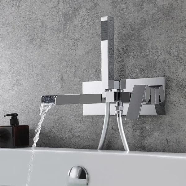 Modern Waterfall Wall-Mount Tub Filler Faucet & Handshower Chrome Solid Brass