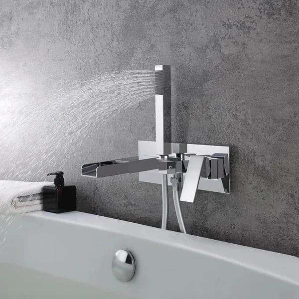 Modern Waterfall Wall-Mount Tub Filler Faucet & Handshower Chrome Solid Brass