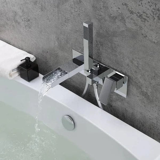 Modern Waterfall Wall-Mount Tub Filler Faucet & Handshower Chrome Solid Brass