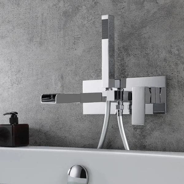 Modern Waterfall Wall-Mount Tub Filler Faucet & Handshower Chrome Solid Brass