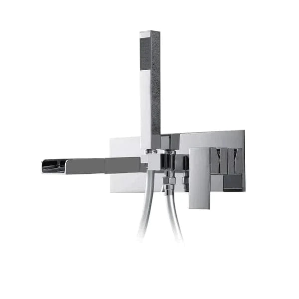 Modern Waterfall Wall-Mount Tub Filler Faucet & Handshower Chrome Solid Brass