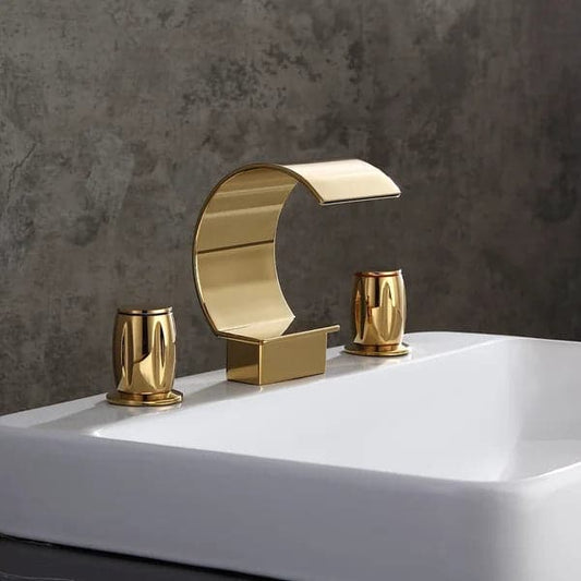 Modern Waterfall Widespread 2-Handle Bathroom Sink Faucet in Gold Solid Brass