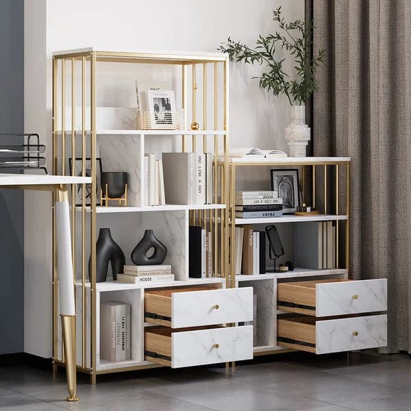 Modern White Bookshelf Wood Book Shelf with 2 Drawers in Gold Metal Frame