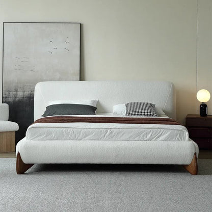 Modern White Boucle Platform Bed King Size Bed Frame with Upholstered Headboard