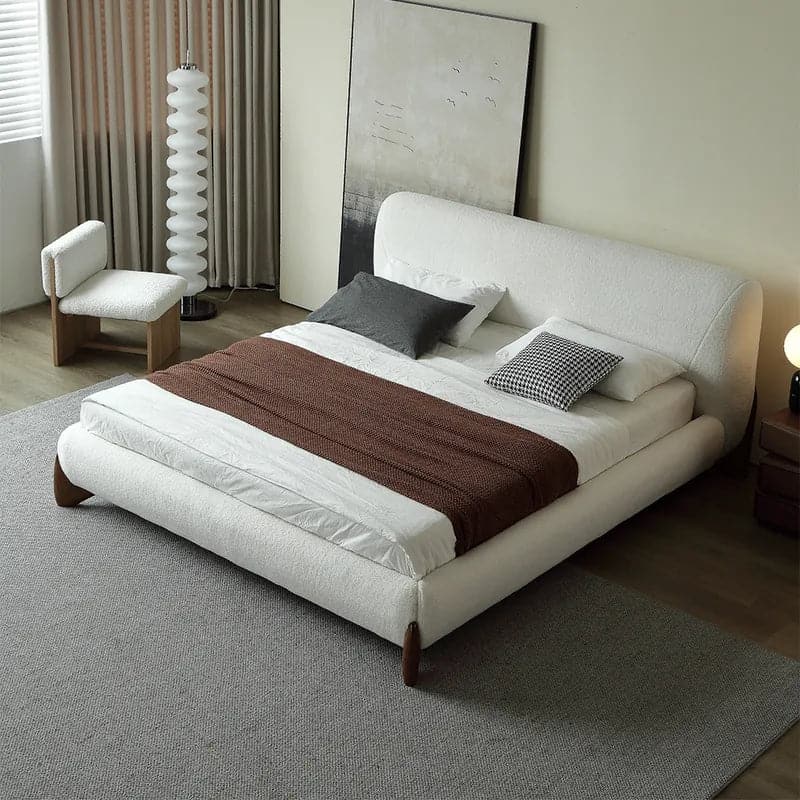 Modern White Boucle Platform Bed King Size Bed Frame with Upholstered Headboard