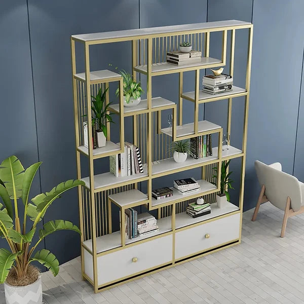 Modern White Etagere Bookshelf 47.2" Wooden Bookshelf with 2 Drawers