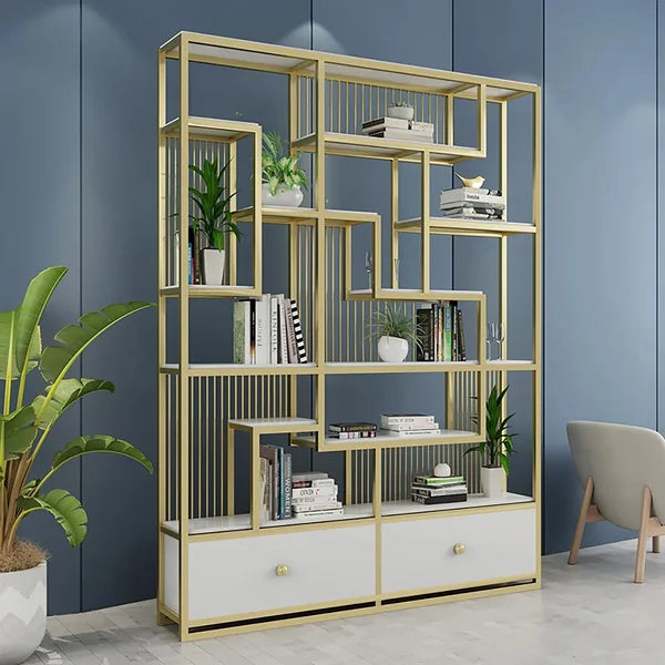 Modern White Etagere Bookshelf 47.2" Wooden Bookshelf with 2 Drawers