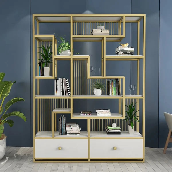 Modern White Etagere Bookshelf 47.2" Wooden Bookshelf with 2 Drawers