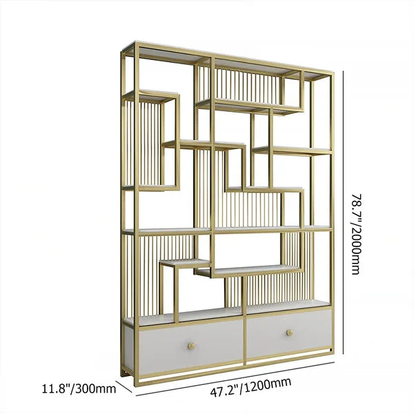 Modern White Etagere Bookshelf 47.2" Wooden Bookshelf with 2 Drawers