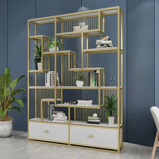 Modern White Etagere Bookshelf 47.2" Wooden Bookshelf with 2 Drawers