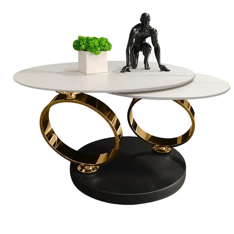 Modern White Extendable Coffee Table with Ring-shaped Metal Pedestal