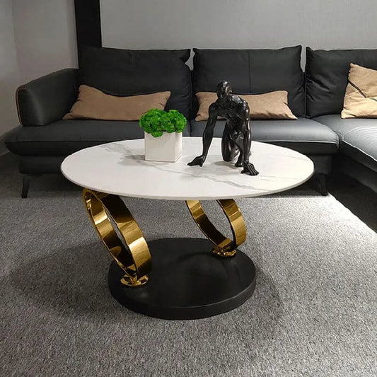 Modern White Extendable Coffee Table with Ring-shaped Metal Pedestal