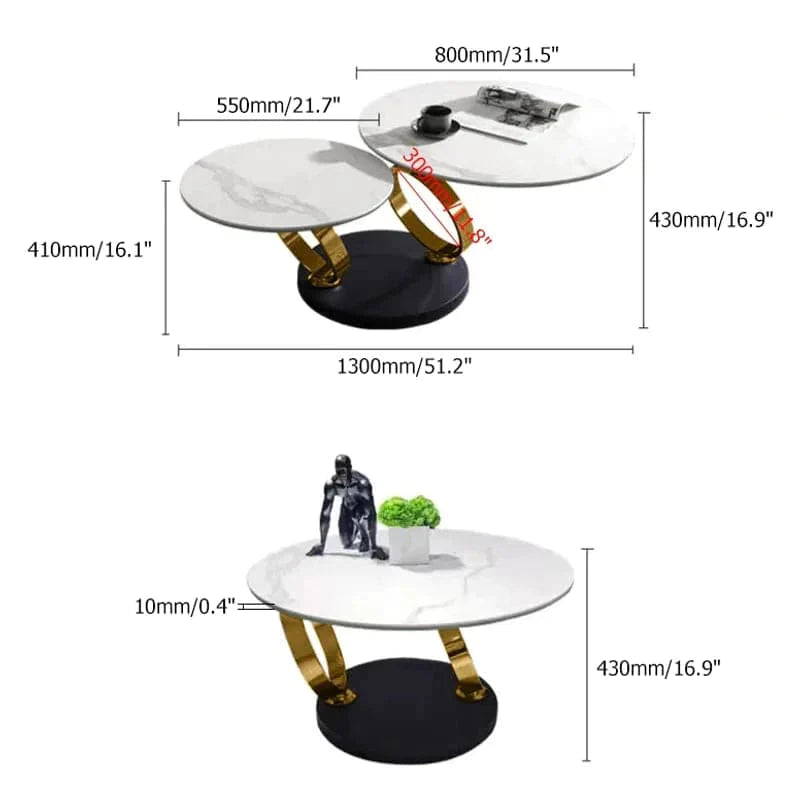 Modern White Extendable Coffee Table with Ring-shaped Metal Pedestal