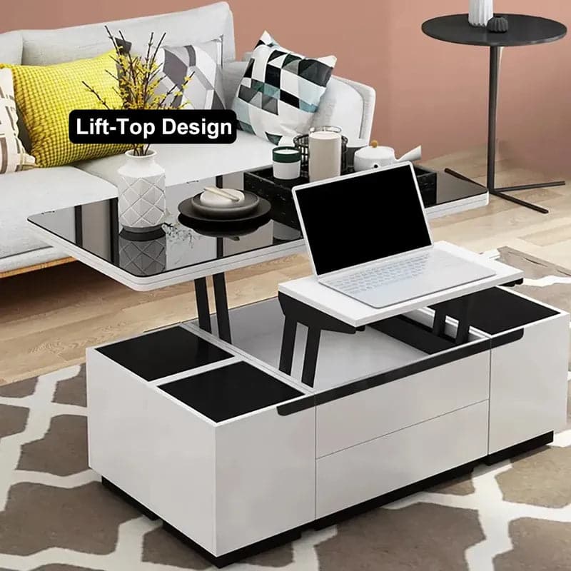 Modern White Lift Top Glass Coffee Table with Drawers & Storage Multifunction Table