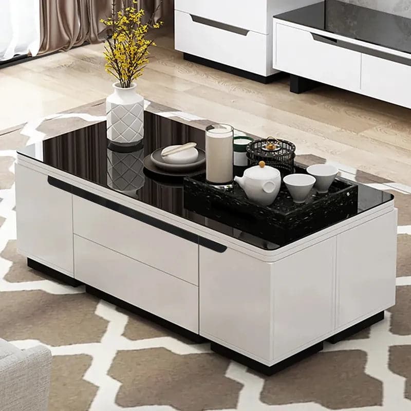 Modern White Lift Top Glass Coffee Table with Drawers & Storage Multifunction Table