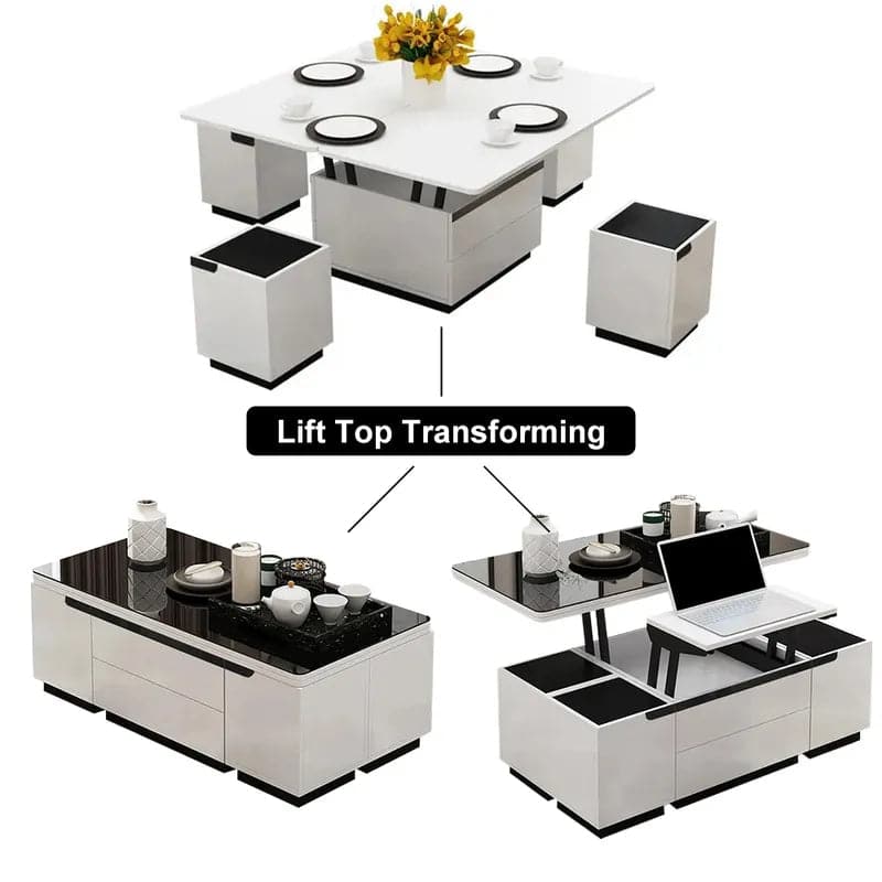 Modern White Lift Top Glass Coffee Table with Drawers & Storage Multifunction Table