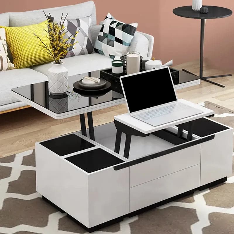 Modern White Lift Top Glass Coffee Table with Drawers & Storage Multifunction Table