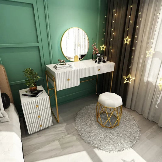 Modern White Makeup Vanity Set with Cabinet & Stool & Mirror 4-Piece Bedroom Vanity Set