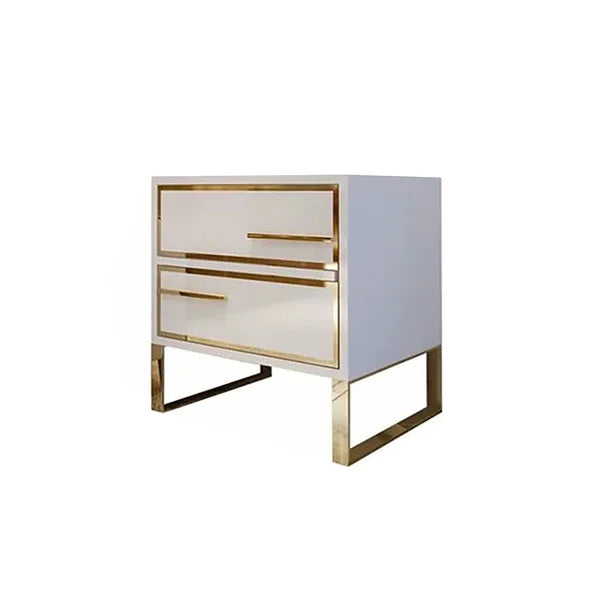 Modern White Nightstand Lacquered 2-Drawer with Golden Stainless Steel Legs