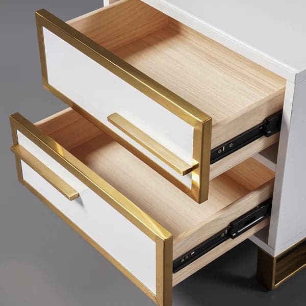 Modern White Nightstand Lacquered 2-Drawer with Golden Stainless Steel Legs