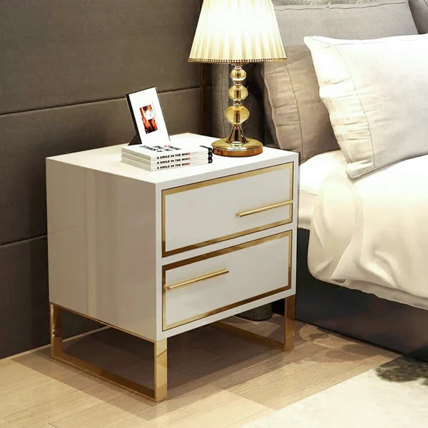 Modern White Nightstand Lacquered 2-Drawer with Golden Stainless Steel Legs