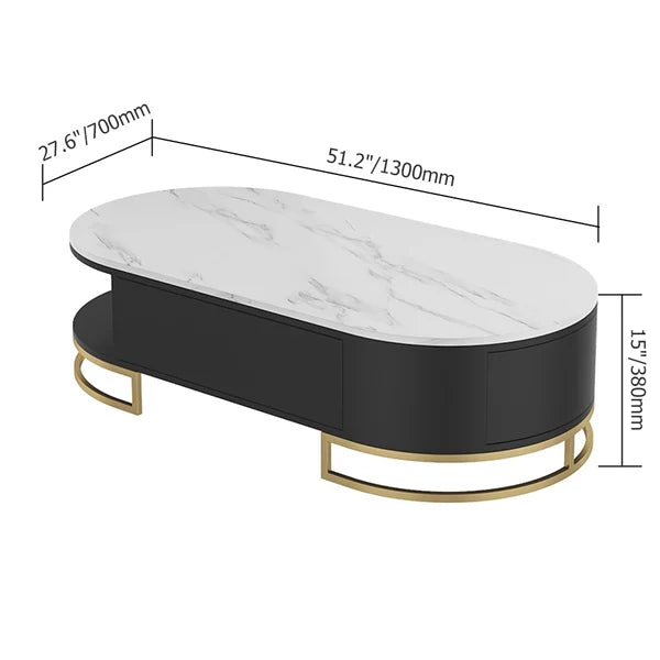 Modern White Oval Storage Coffee Table with Drawers Sintered Stone Gold Base