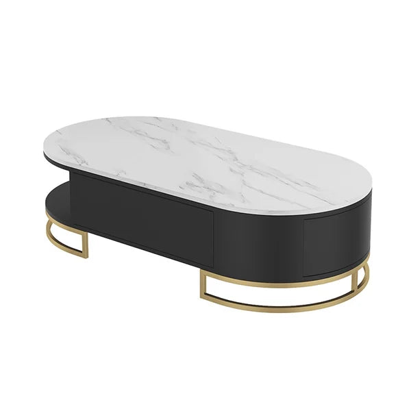 Modern White Oval Storage Coffee Table with Drawers Sintered Stone Gold Base