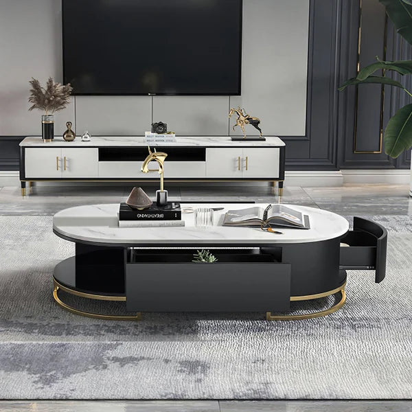 Modern White Oval Storage Coffee Table with Drawers Sintered Stone Gold Base