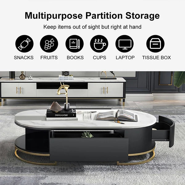 Modern White Oval Storage Coffee Table with Drawers Sintered Stone Gold Base