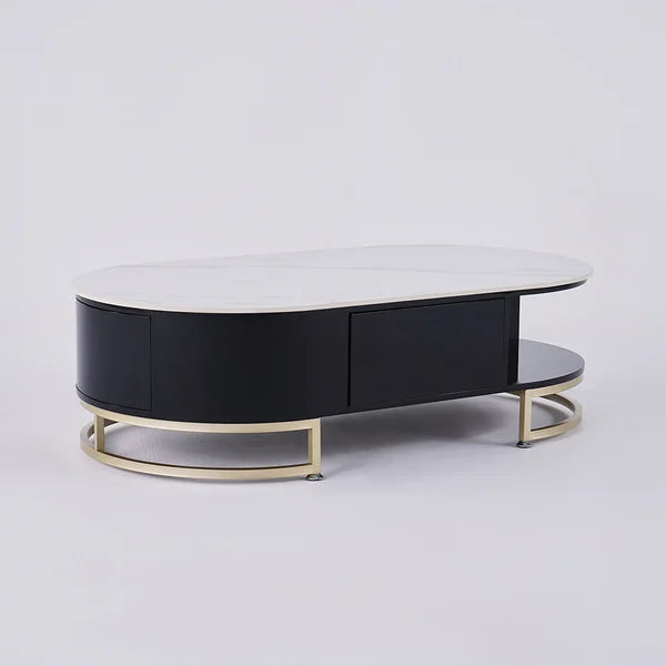 Modern White Oval Storage Coffee Table with Drawers Sintered Stone Gold Base