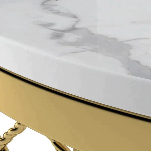 Modern White Round End Table with Storage Marble Side Table Metal in Gold