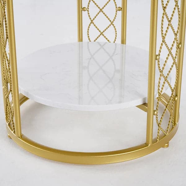 Modern White Round End Table with Storage Marble Side Table Metal in Gold