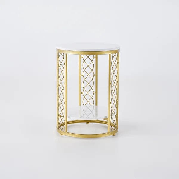 Modern White Round End Table with Storage Marble Side Table Metal in Gold